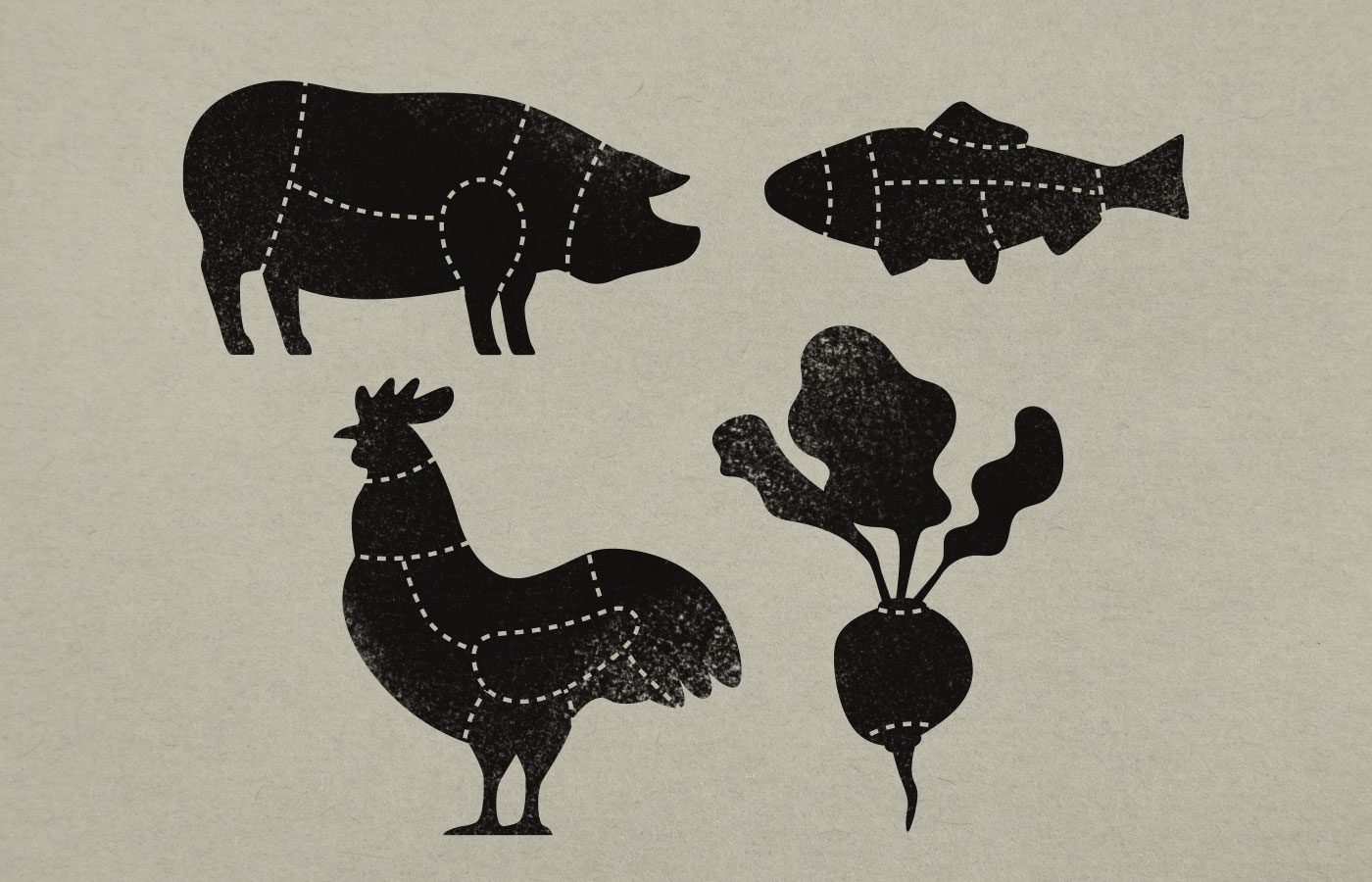 Icons schwein fisch huhn gemuese